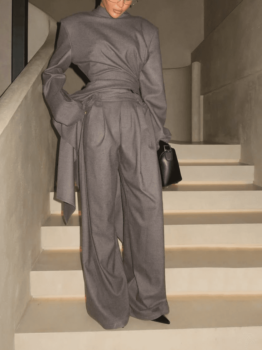 Padded Shoulder Crop Blazer & High Waist Wide Leg Pants 2 Piece Set