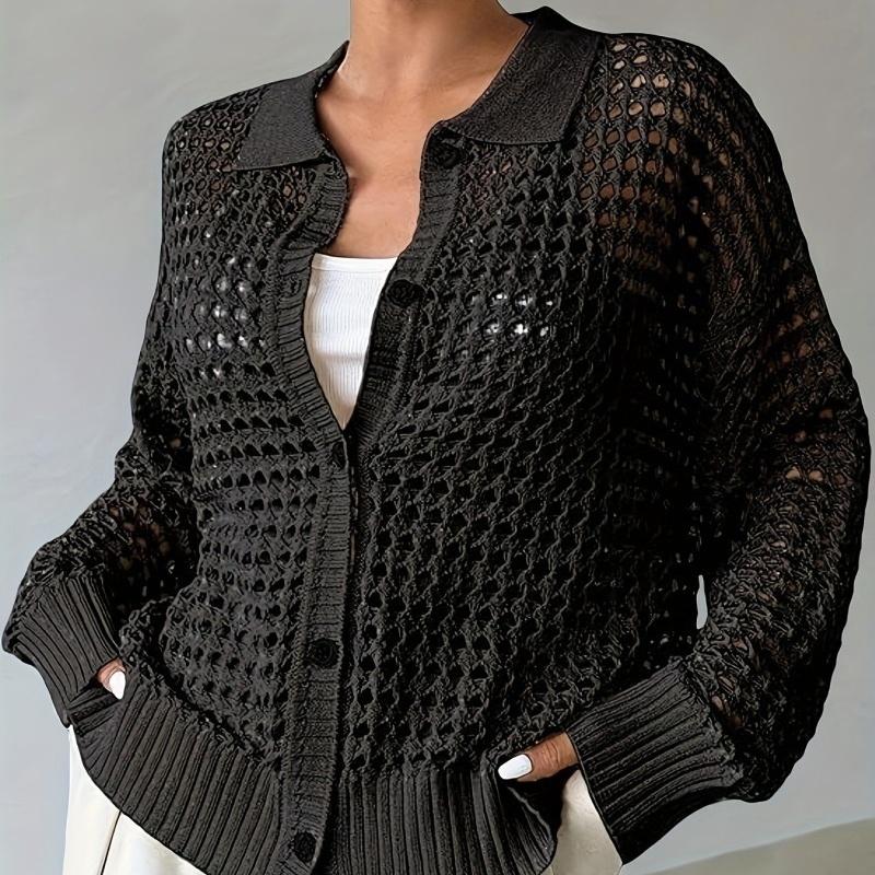 Hollow Single-breasted Lapel Oversized Knit Cardigan