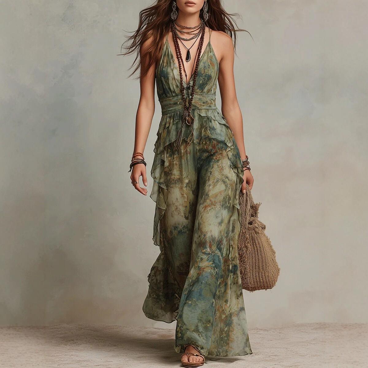 Womens Floral Halterneck V-Neck Sleeveless Dress