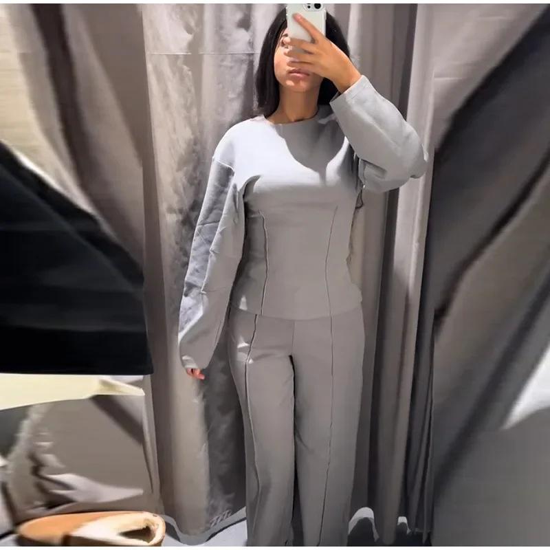 Fashion Long Sleeve O-neck Pleated Top Wide Leg Pants Women's Suit