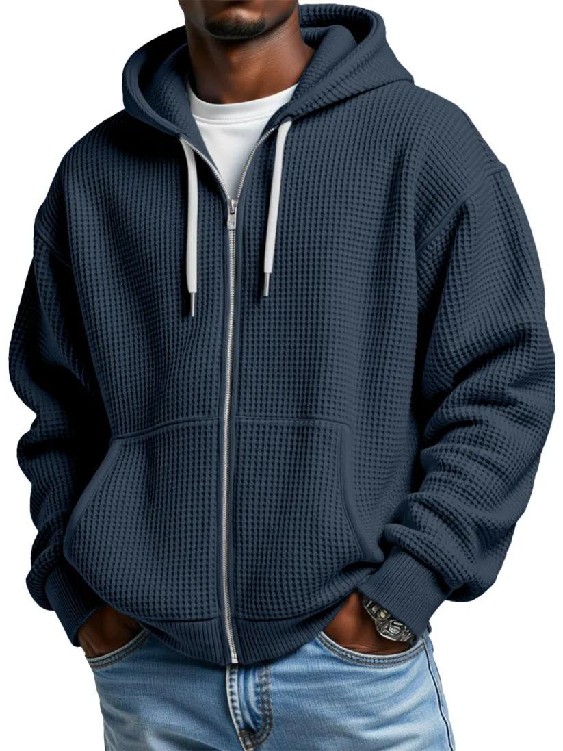 Mens Solid Color Loose-Fit Hooded Zip Up Waffle Weave Drop Shoulder Sweatshirt