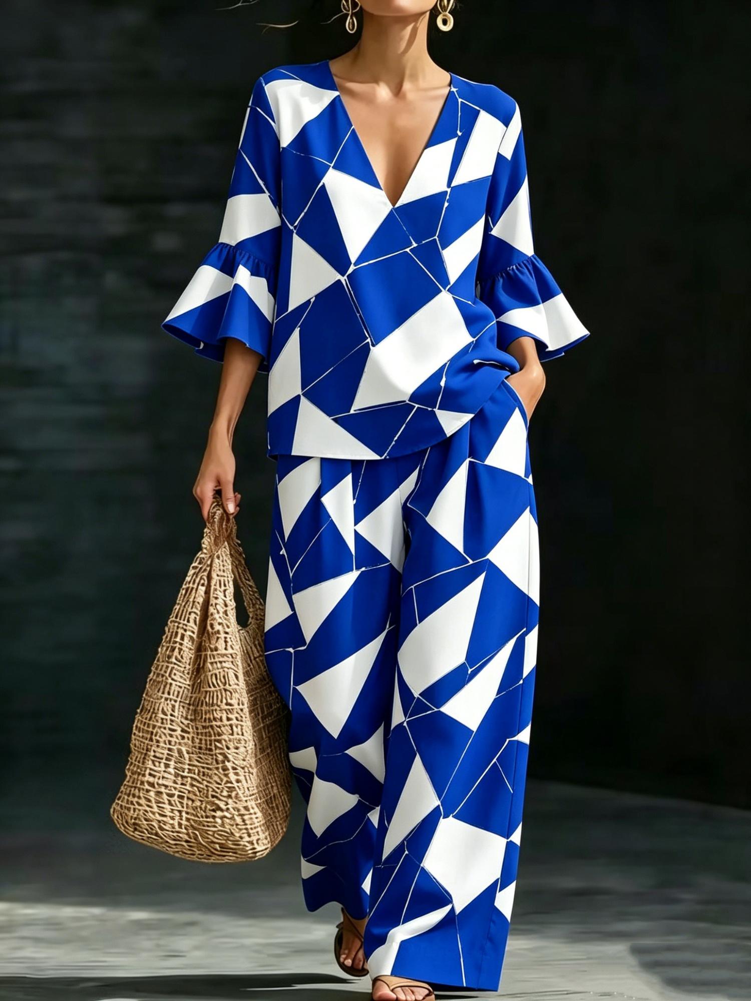 Solid-color V-neck Cotton-linen Chic Casual Two-piece Set With Wide-leg Pants For Women