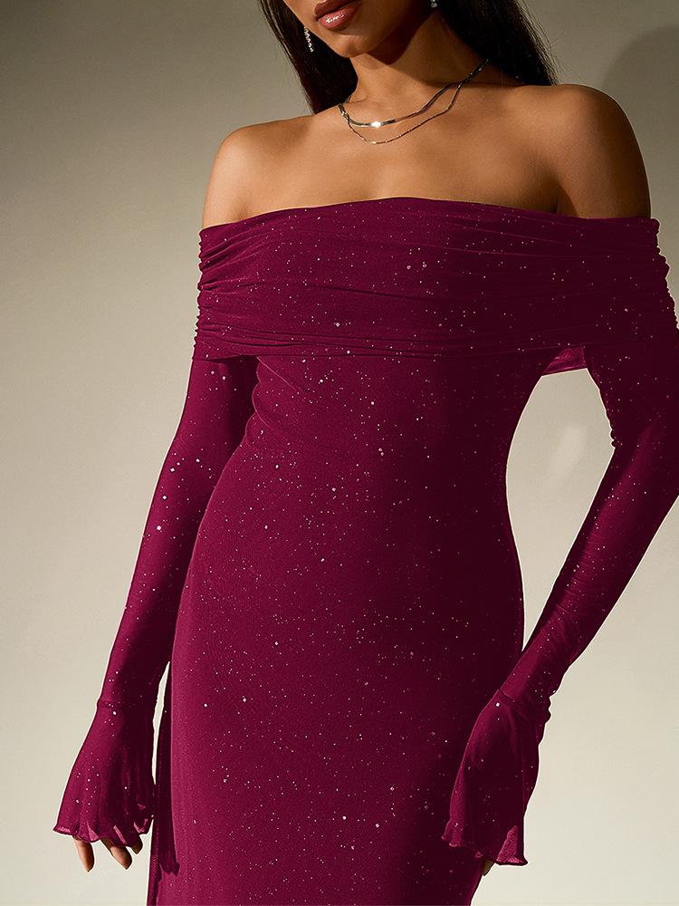 Black Off-Shoulder Maxi Dress With Glitter Detail And Mesh Sleeves