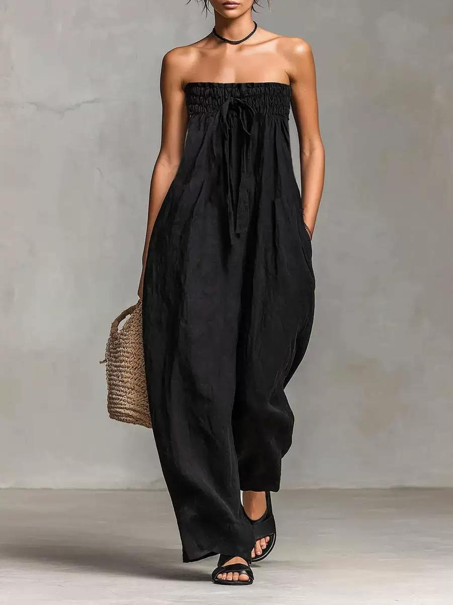 2026 Spring European American Women Strapless Smocked Bodice Jumpsuit, TieDetail Casual Playsuit