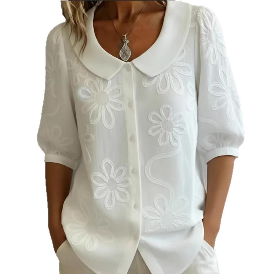 Retro Button-up Embroidered Floral Mid-sleeve Shirt
