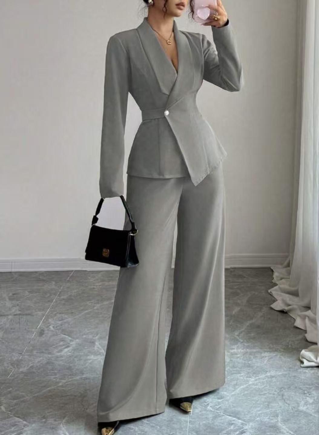 Solid-color Long-sleeve Straight-leg Pants Set For Women