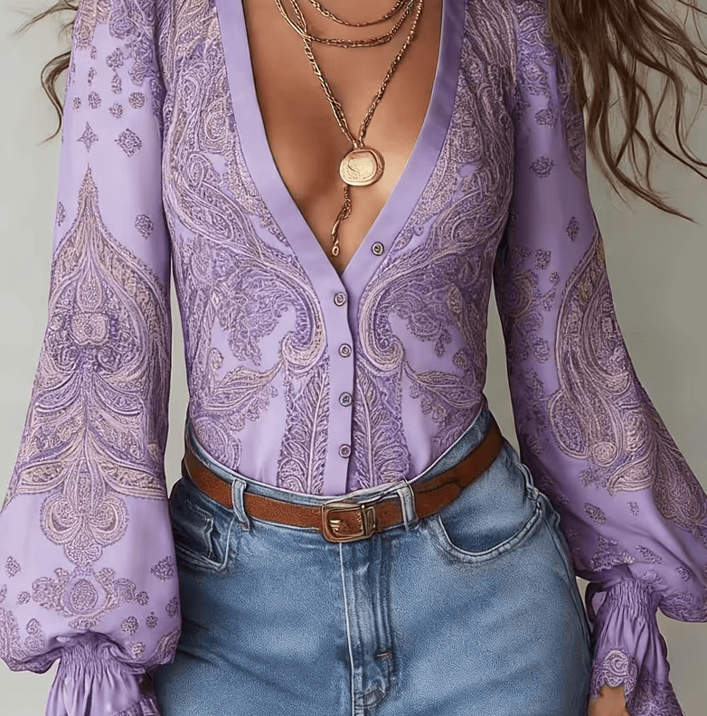 Paisley V-neck Puff Sleeve Women's Slim-fit Blouse