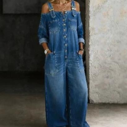 Fashionable Sexy Off-Shoulder Suspender Pocket Denim Jumpsuit