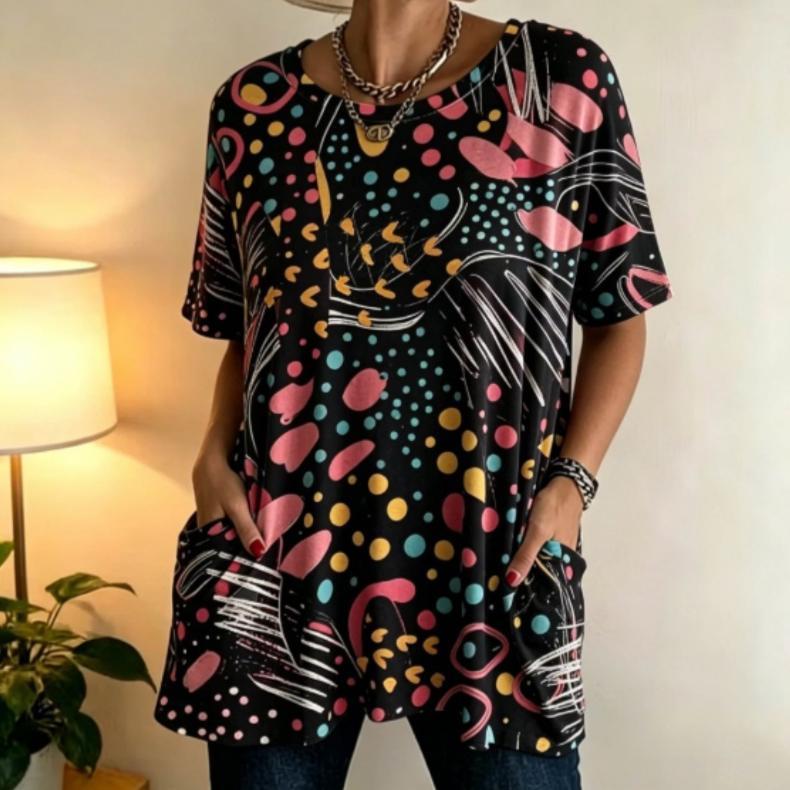 Black Confetti Tunic Top With Pockets For Mature Women