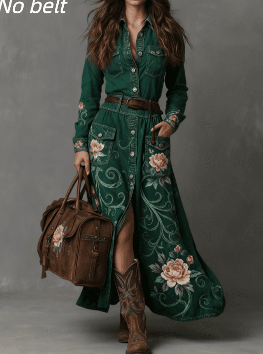Women's Printed Casual Lapel Slit Dress