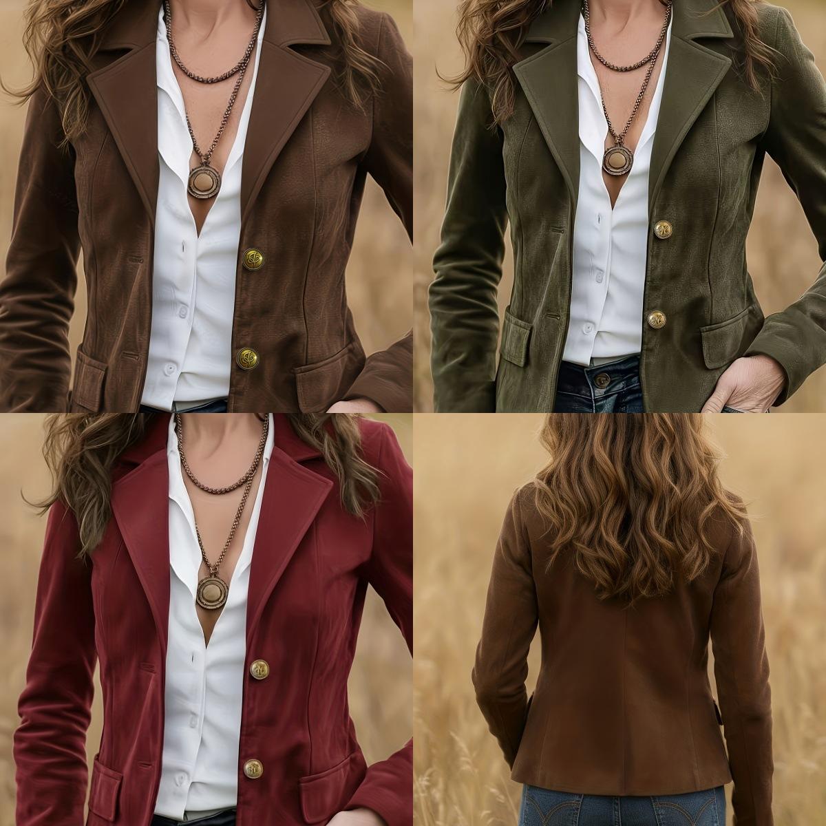 Womens Retro Solid-color Short Lapel Jacket With Metal Buttons Figure-hugging Top