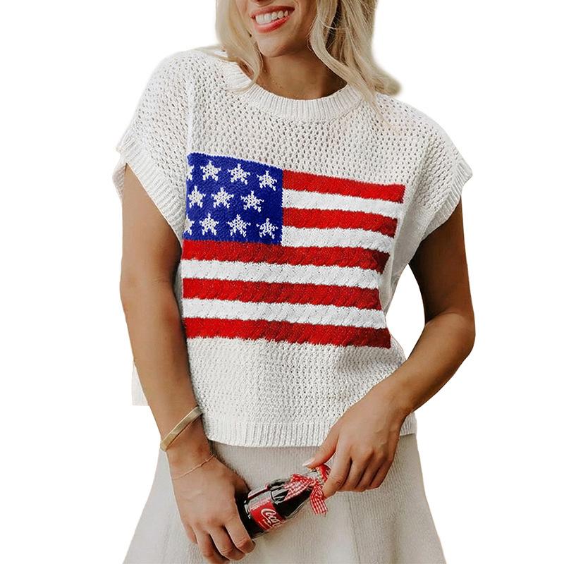 Women's Short-Sleeve Pullover Sweater With Crew Neck And National Flag Print