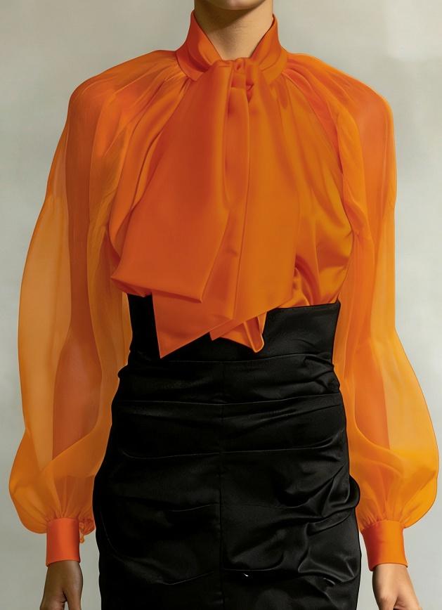 Women's French Retro Style Flowy Collar Slightly Sheer Puff Sleeve Loose Shirt