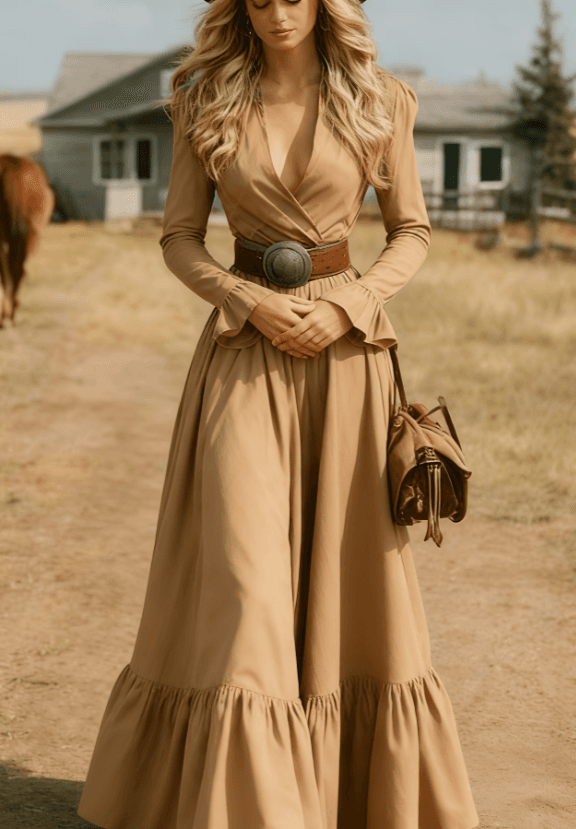 Retro V-neck Fitted Waist Flared Sleeve Long Dress