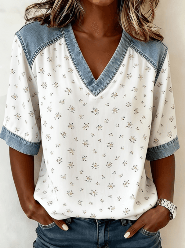 Color-blocked V-neck Raglan Sleeve T-shirt For Women, Loose Fit, Casual And Versatile Short Sleeve.