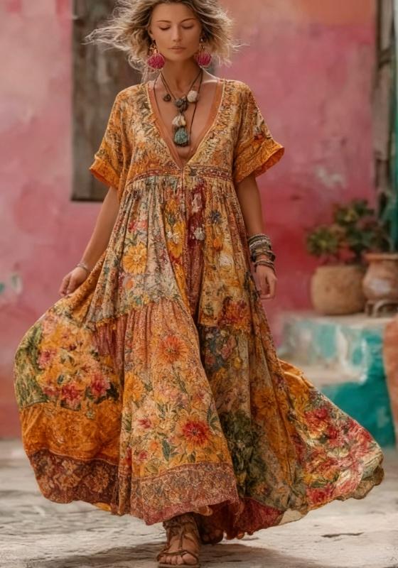 Women's Floral Embroidery Patchwork Art V-Neck Long Dress