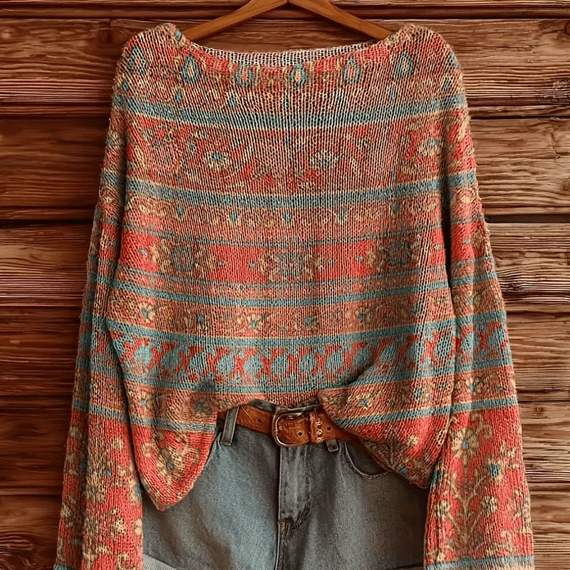 Women's Vintage Bohemian Floral Sweater - Oversized Crew Neck With Colorful Floral Pattern