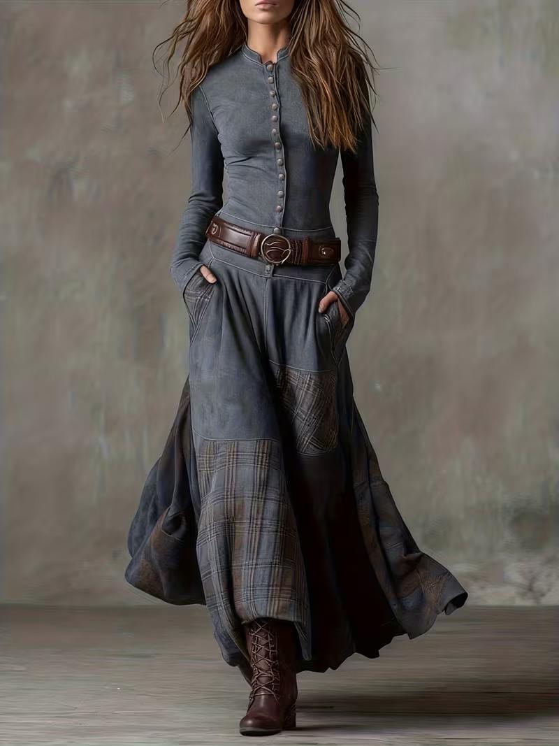 Casual Stand-up Collar Button-down Plaid Patchwork Slim-fit Dress