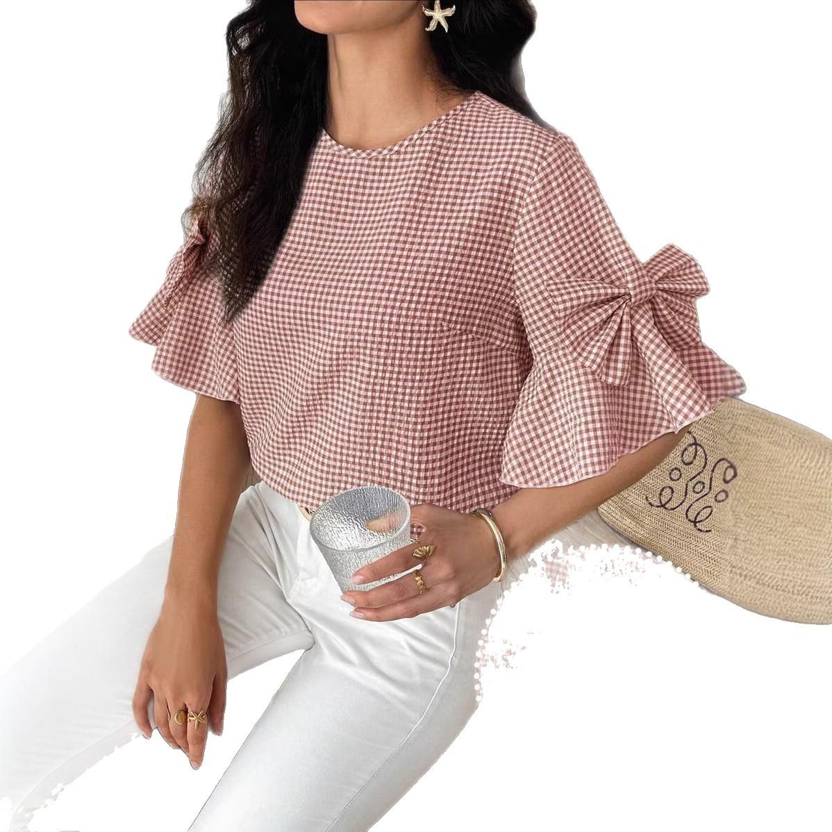 Womens Casual Top With Bow-Detail Plaid Trim Ruffled Cuffs And Puffed Sleeves