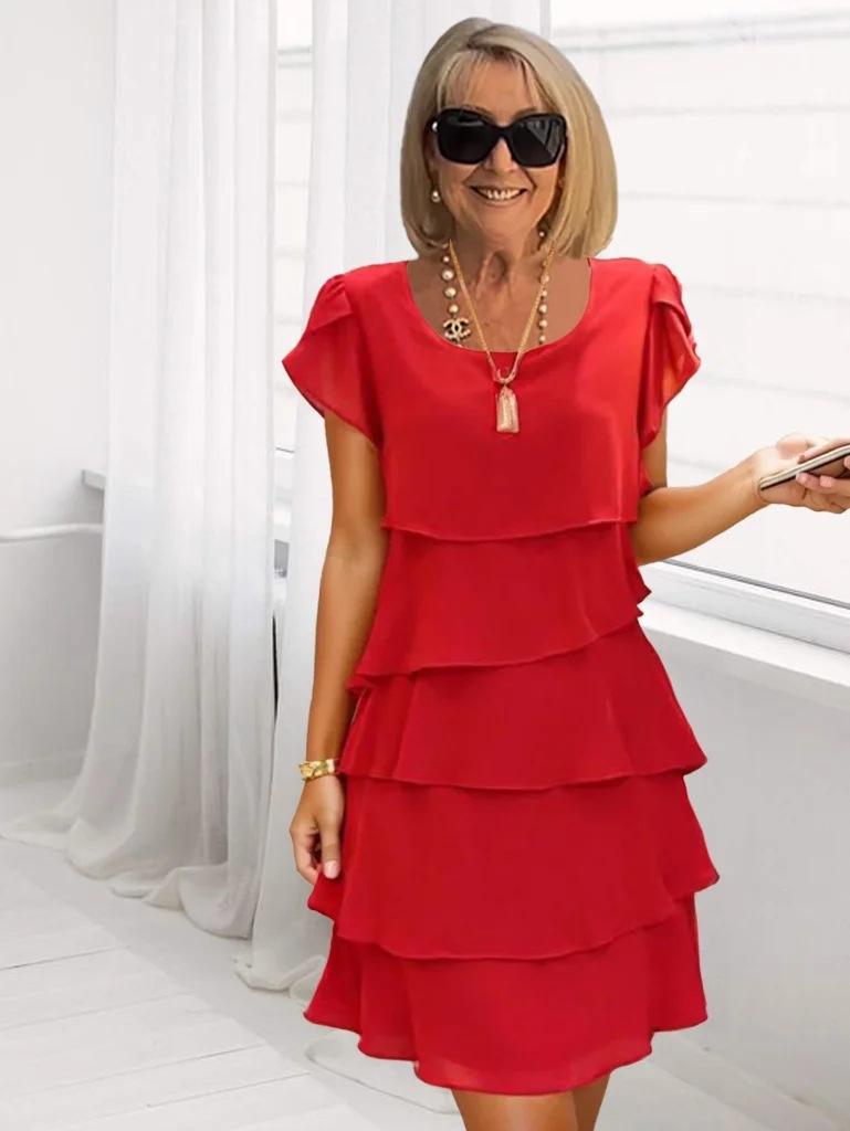 Short Sleeve Cake Dress Solid Color Round Neck Dress