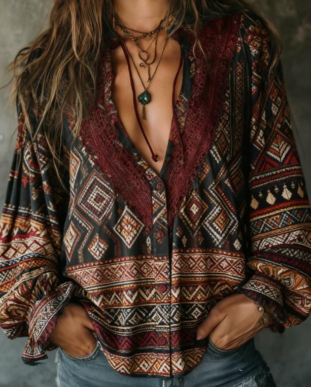 Retro-style Openwork Lace Deep V Lantern Sleeve Women's Loose Chiffon Blouse Top