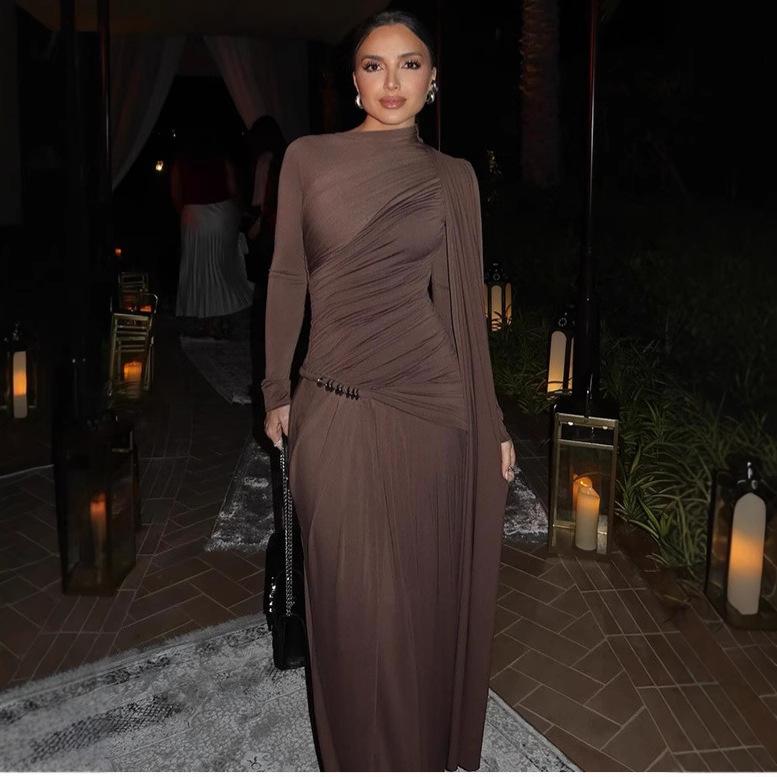 Solid Color Slim Fit Pleated Long Sleeve Dress