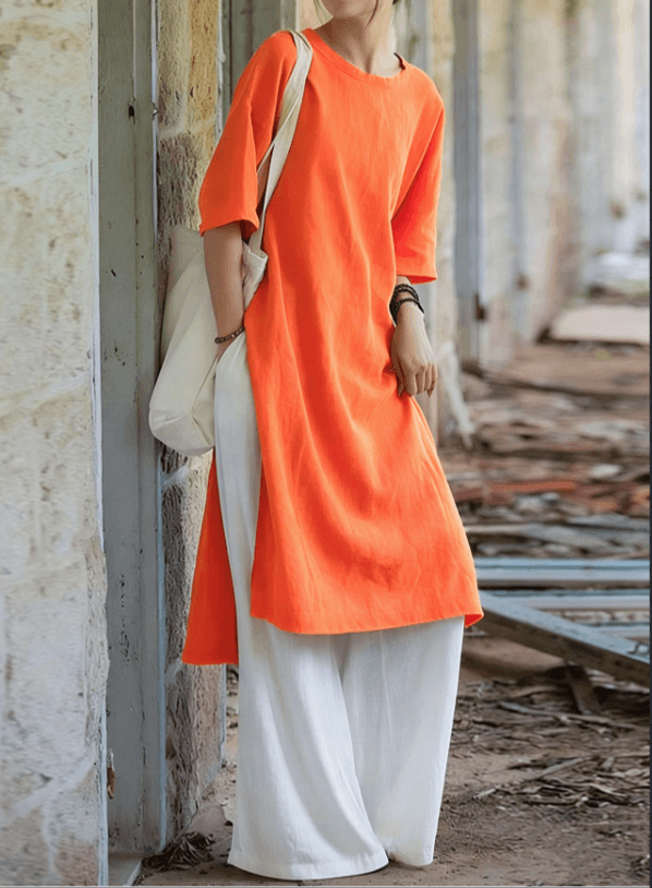 Cotton And Linen Loose Side Slit Long Skirt