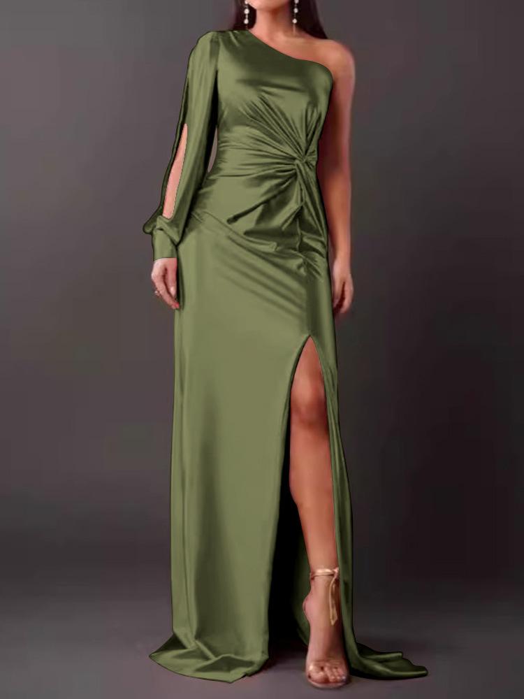 Women's Diagonal Collar Raglan Sleeve Pleated Waist Tight Split Sexy Long Dress