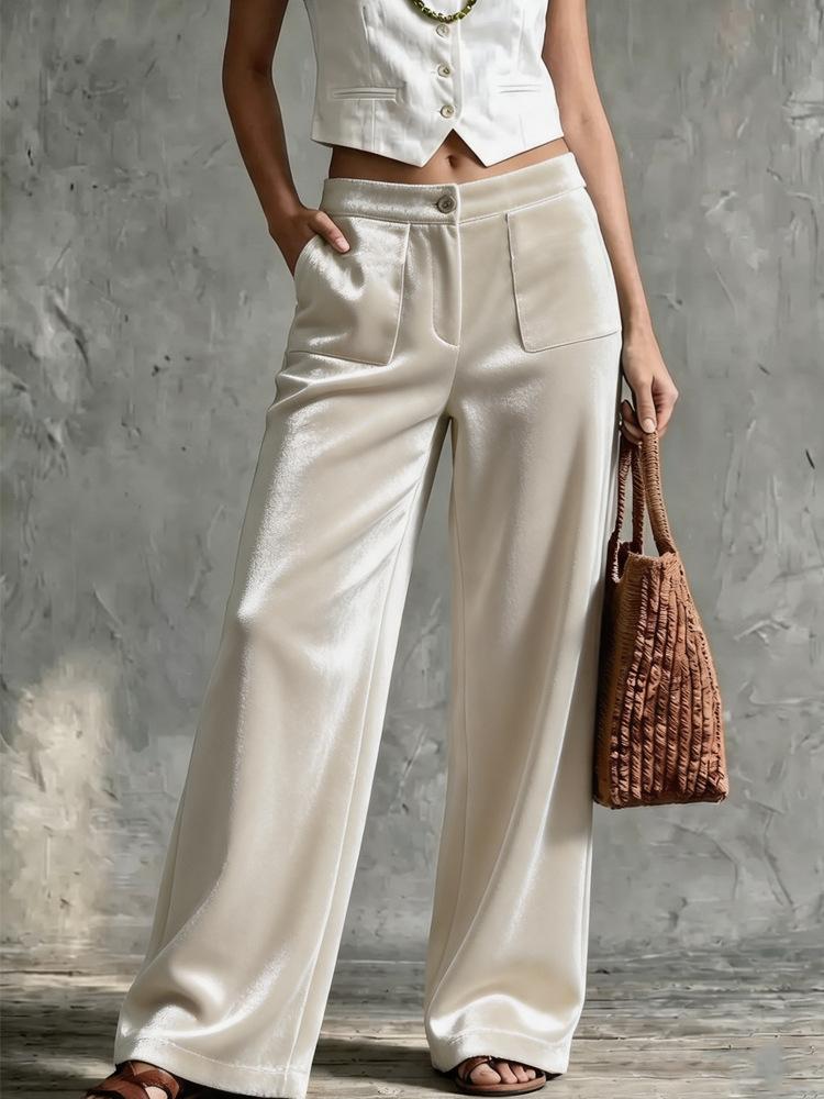 Womens Velvet Loose-fit Solid-color High-waisted Straight-leg Casual Pants With Pockets