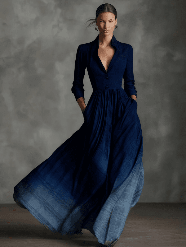 Retro Plaid Lapel Fitted Waist Long Sleeve Flowy Long Dress