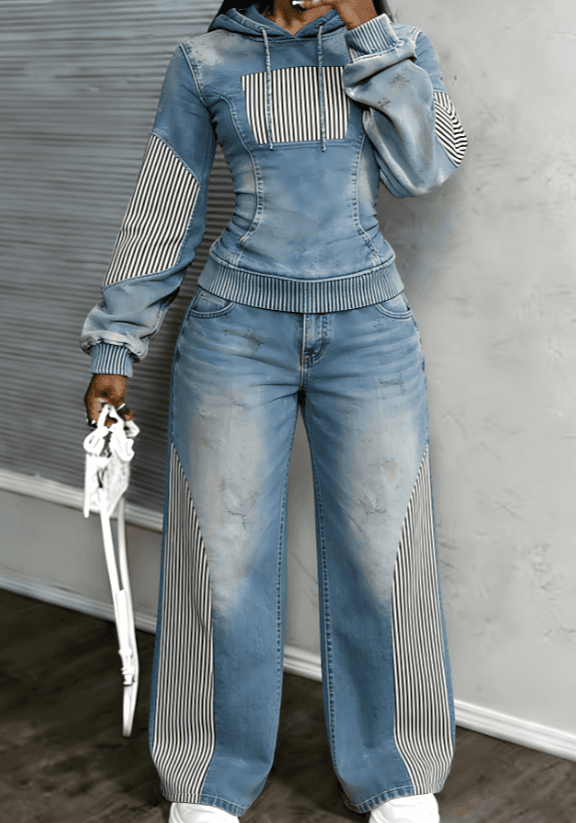 Trendy Cool Distressed Denim Hoodie And Wide-Leg Pants Two-Piece Set