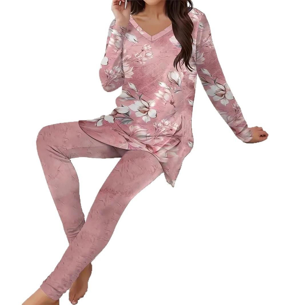 Women Vintage Fashion Floral V-neck Long Sleeve Leggings Printing Suit