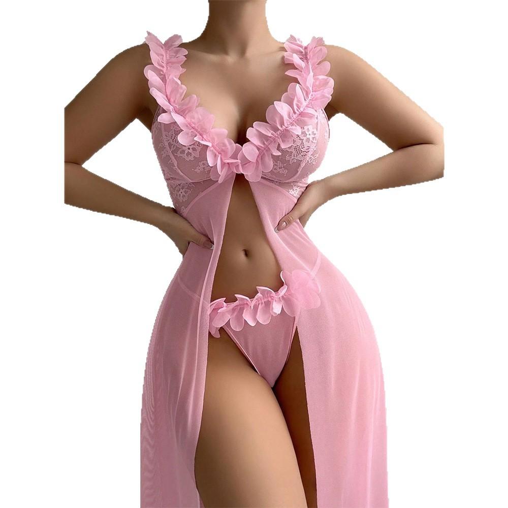 Sexy Slit See-through Suspender Skirt Long Skirt T Back Sexy Nightdress Two-piece Set