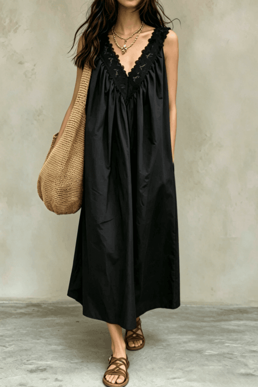 Black Lace V-neck Sleeveless Loose A-line Dress
