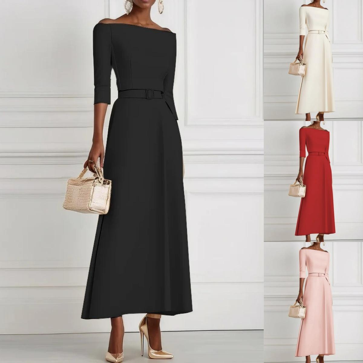 Solid Color Fashion Temperament Waist-controlled Off-shoulder Dress For Women
