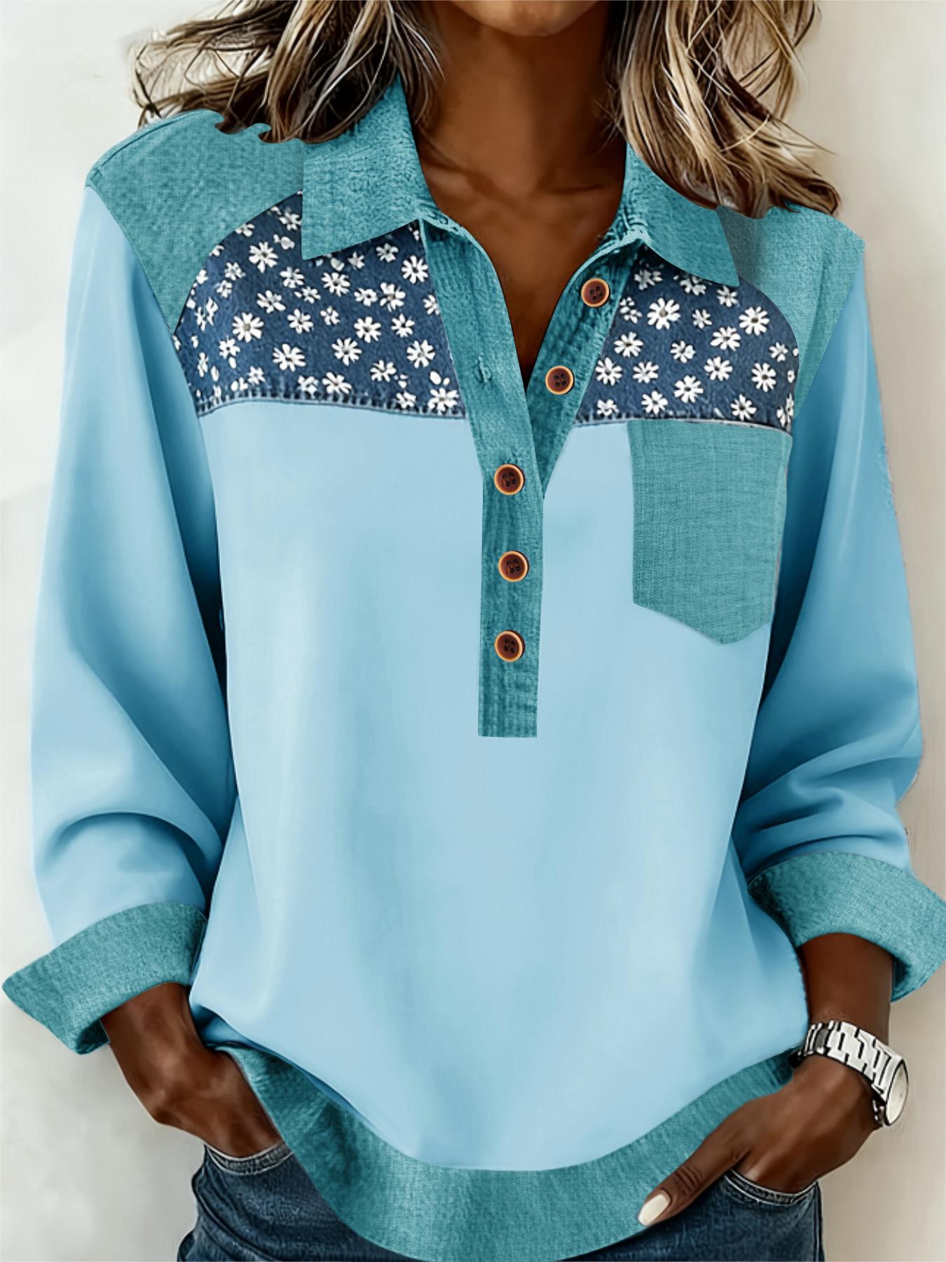 Denim Patchwork Collar Button-down Casual Long-sleeved Top