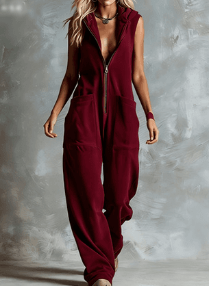 Hooded Sleeveless Zipper Loose Wide-leg Jumpsuit
