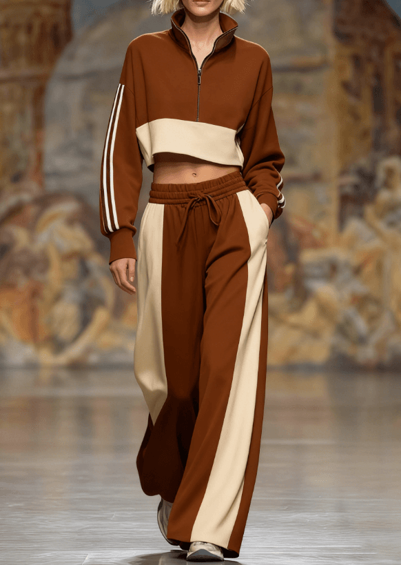 Short-sleeved Stand-collar Zippered Sweater With Wide-leg Pants Two-piece Set