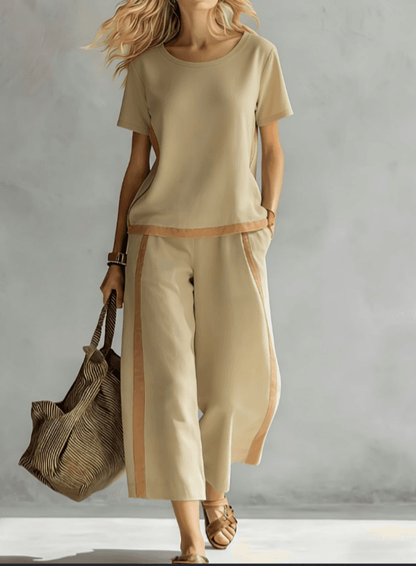 2026 New Round Neck Contrasting Edge Short Sleeved Top And High Waist Seven Part Wide Leg Pants Casual Set