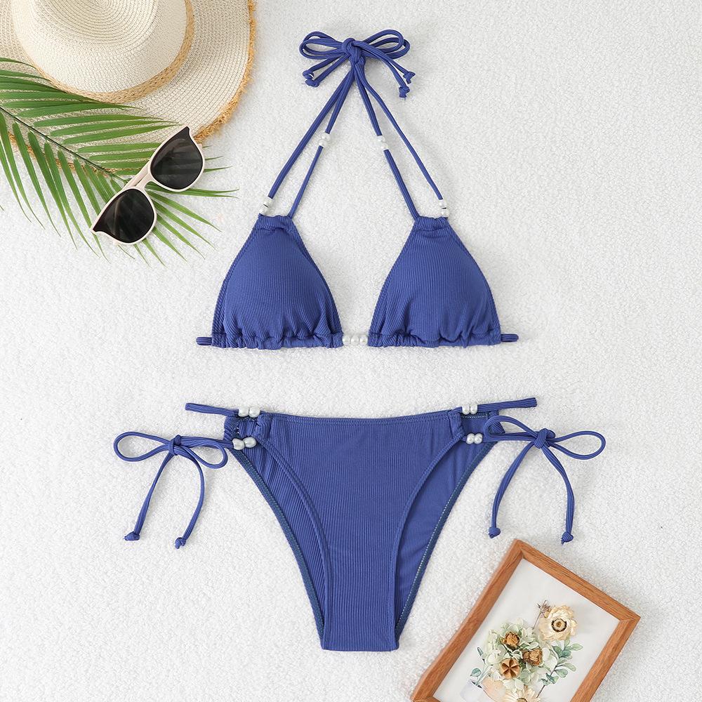 Separate Swimsuit Solid Color Deep V-neck Halter-style Lace-up Sexy Bikini