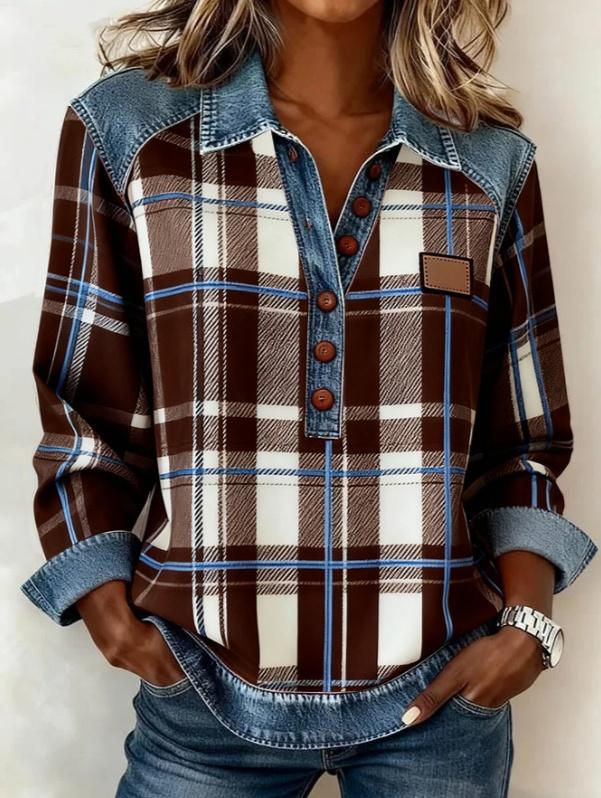 Denim Patchwork Collar Button-down Casual Long-sleeved Top