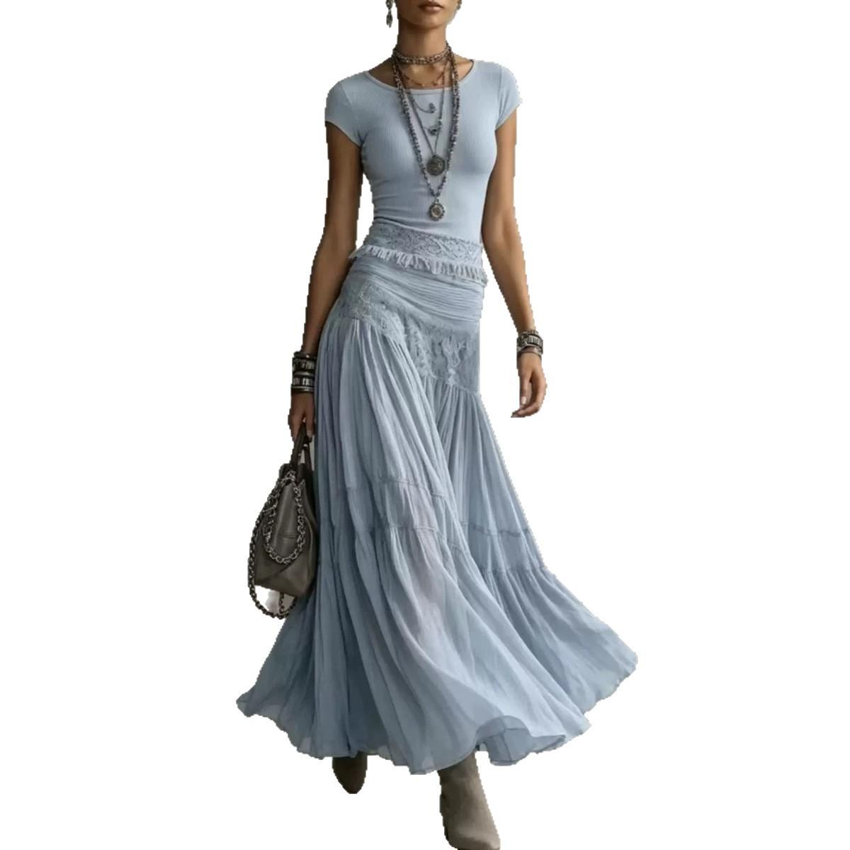 Fashionable And Flowing Knit Top With A Chiffon Long Skirt Set
