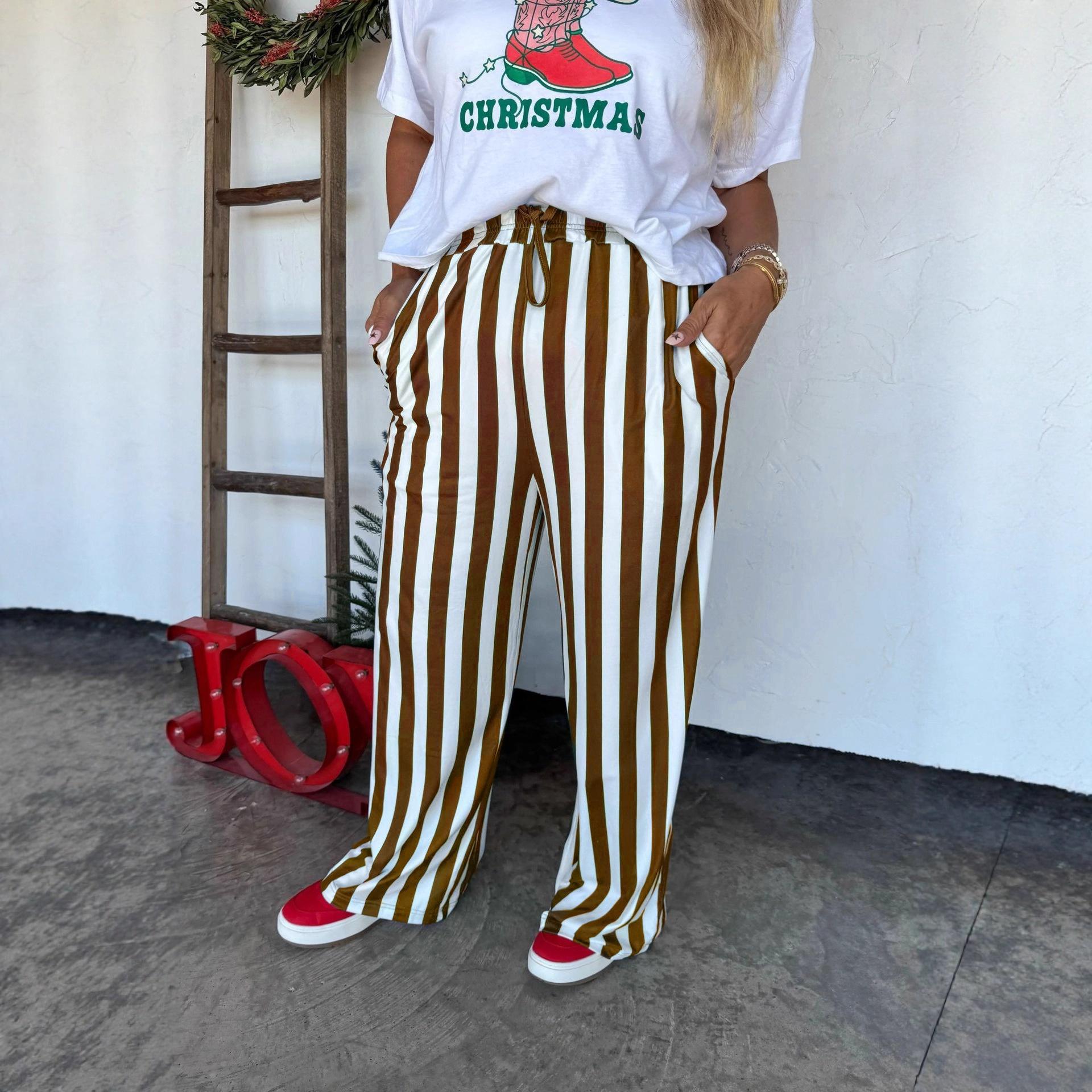 Women's Loose Casual Contrast Striped Printed Straight Trousers