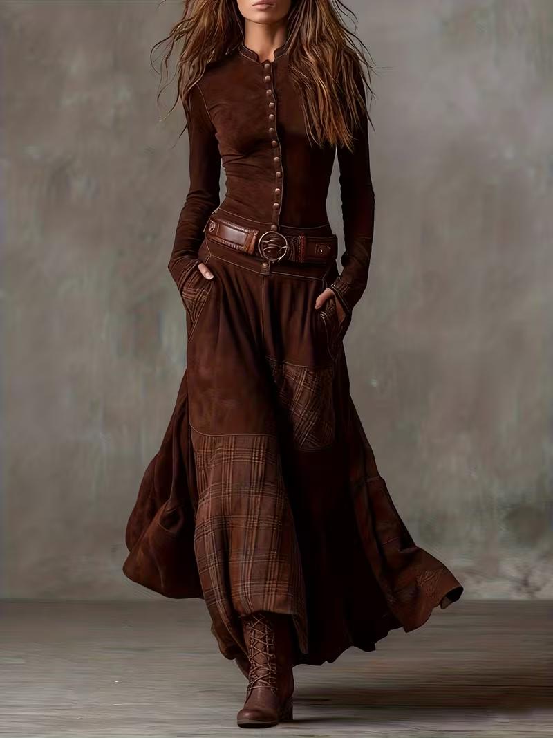Casual Stand-up Collar Button-down Plaid Patchwork Slim-fit Dress