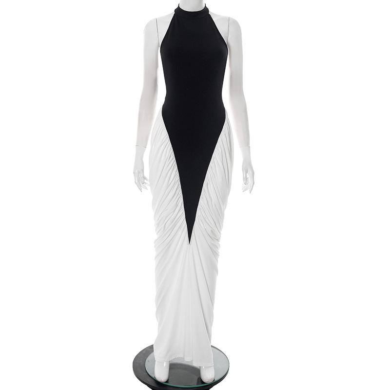 European And American Halter Backless Color Contrast Patchwork Sexy Dress