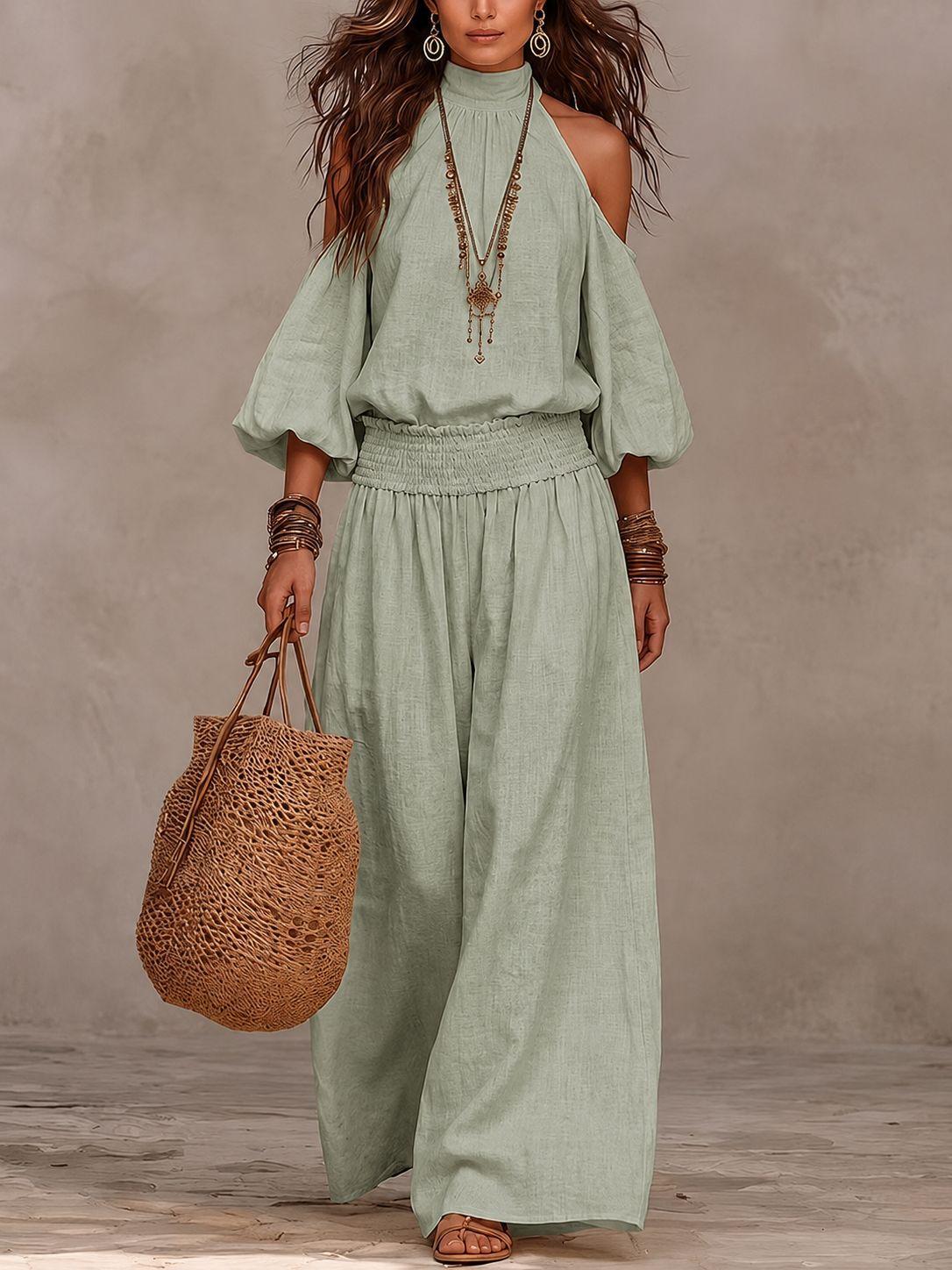 Womens Fashionable Casual Round-Neck Loose-Fit Long-Sleeve Hollow-Out Top And Pleated Pants Set