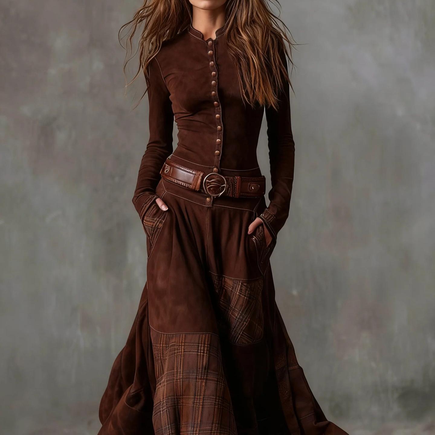 Retro Patchwork Patch Wide Leg Loose Long Sleeve Long Dress