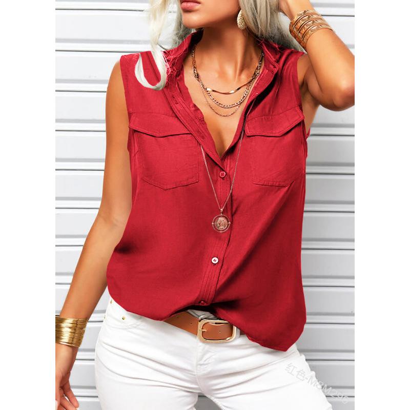 Solid-color Lapel-collar Loose-fit Sleeveless Top With Pockets