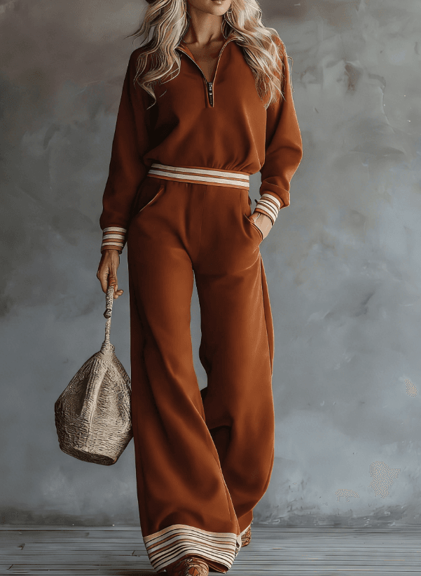Phnom Penh Stripe Stand-Collar Half-Zip Sweatshirt And Wide-Leg Pants Two-Piece Set
