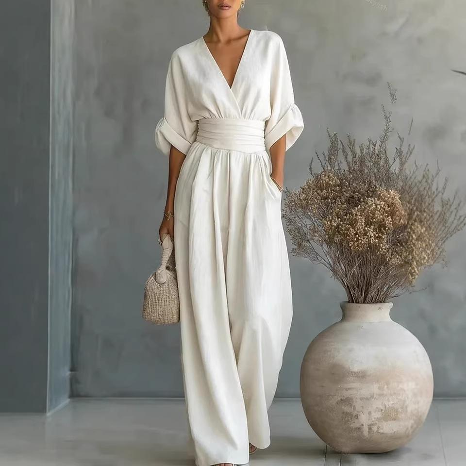 Elegant Deep V Neck Waist Wrap Sleeve Wide Leg Floor Length Jumpsuit